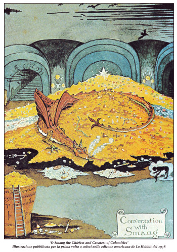 Il drago Smaug i un'illustrazione del 1938 per la prima edizione americana de Lo Hobbit - disegno di JRR Tolkien